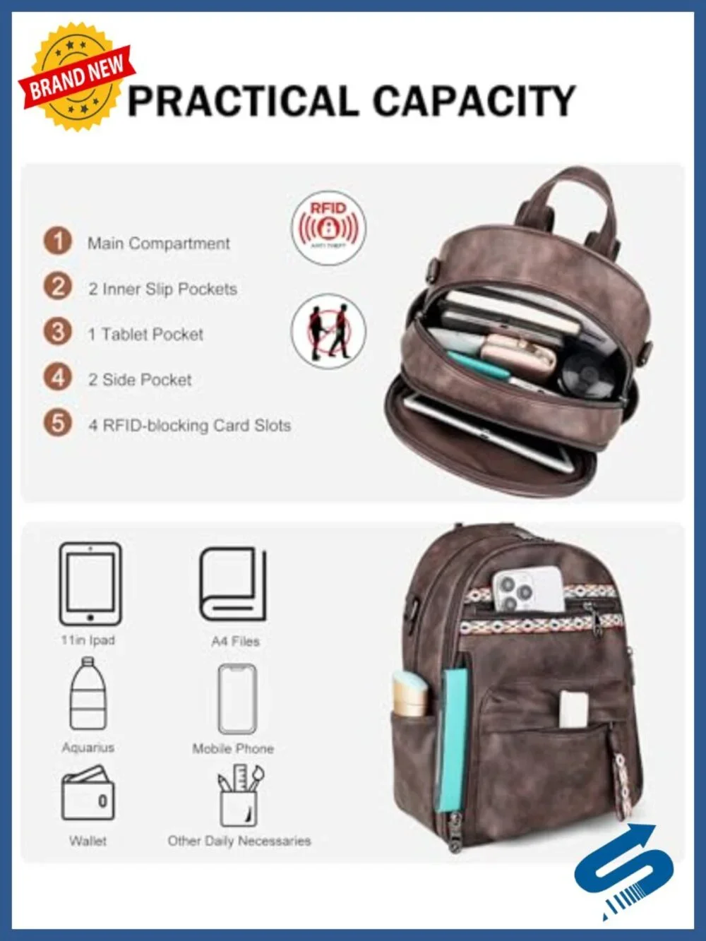 Small Backpack Purse for Women, Multi-Pocket with iPad Pocket, Waterproof Vegan